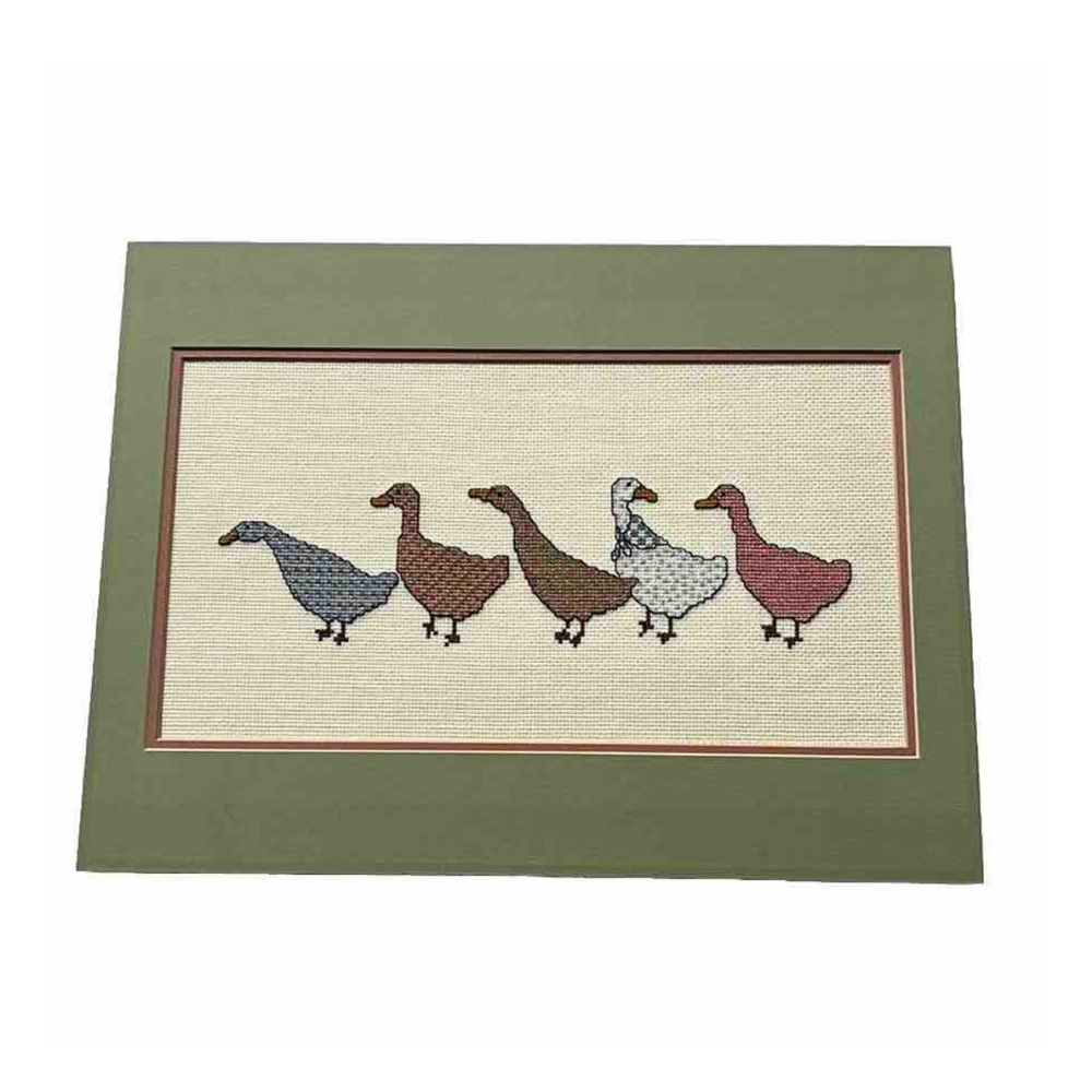 Gathering Goose Finished Cross Stitch Handmade Vintage Farmhouse Double Mat